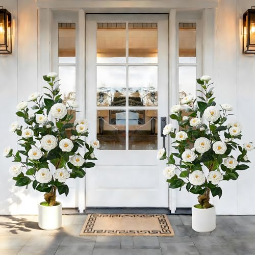2 Pcs Artificial Camellia Tree, 38" Artificial Tree Plants Outdoor Faux Plants in Pot, Artificial Flower for Outdoors Front Porch Decor, Greenery Faux Fake Tree Plant for Indoor Outdoor Home Decor - color: White