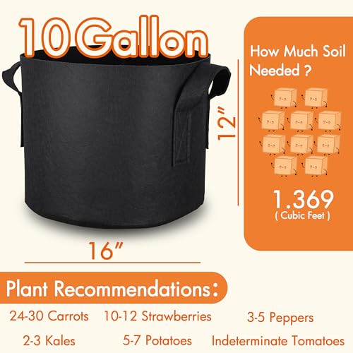 Gardzen 6-Pack 10 Gallon Grow Bags, 300G Thickened Nonwoven Fabric Pots with Handles, Heavy Duty Aeration Plant Bags for Gardening and Container Growing - size: 10 Gallons