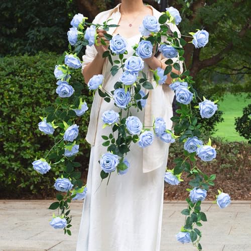 2Pcs 12Ft Bendable Artificial Flower Garland Faux Rose Vine Hanging Floral Garland for Wall Decor Trellis Fence Home Room Garden Wedding Decoration(Blue, 2pcs) - color: Blue, size: 2pcs