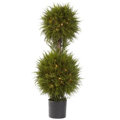 Nearly Natural 40in. Artificial Cedar Double Ball Topiary with Lights - size: 40in.
