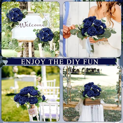 Peonies Artificial Flowers Bulk, 12 Bundles Fake Silk Peonies Faux Eucalyptus Bouquet Realistic Peony Floral Arrangement for Wedding Table Centerpiece Vase Decor (Navy Blue) - color: Navy Blue