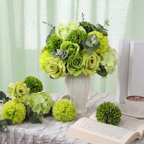 Suncalla 98 Pcs Artificial Flowers Bouquet Assorted Faux Flowers Heads with Stem Eucalyptus Leaves Silk Floral Table Centerpiece for DIY Wedding Party Wreath Home Decor(Green Color) - color: Green Color