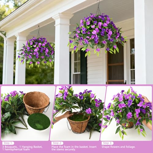 Hommyea Artificial Fake Hanging Flowers Plants Basket for Outdoors Outside Decoration UV Resistant Faux Silk Flowers Look Real Plastic Flowers for Spring Planters Home Porch Patio Garden Decor(purple) - color: 3psc Double Purple