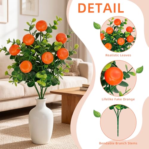 6 Pcs Artificial Orange Branches, 12.6 Inch Faux Fruit Stems with Fake Tangerines and Green Leaves, Lifelike Floral Picks for Home Kitchen Decor, Summer Vase Fillers Seasonal Centerpiece - color: Orange 1