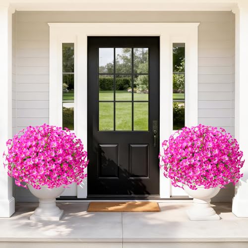 MARTINE MALL 12 Bundles Look Real Artificial Flowers for Outdoors, Realistic Fake Outdoor Flowers, UV Resistant Silk Petunia Flowers for Outside Faux Flowers for Outdoor Garden, Rose Red - color: Mixed Rose Red, size: 12 Bundles