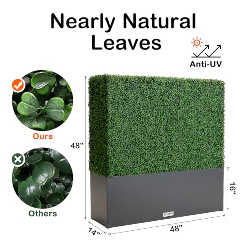 Artificial Boxwood Hedge Wall with Dark Grey Planter Box, Greenery Fake Faux Grass Panels Backdrop Divider 48" WX48 HX14 D - size: 48"WX48"HX14"D