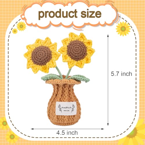 Sunflower Crochet Flower Plant, Small Cute Handmade Knitted Flowers with Vase, Small Crochet Potted Artificial Flower Plants for Desk Home Car Dashboard Office Decorations (Sunflower) - color: Sunflower