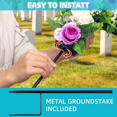 Artificial Cemetery Flowers,Set of 2 Faux Floral Cross,Artificial Rose Bouquet Decoration for Cemetery Headstones Gravesites,Silk Flowers for Long-Lasting Remembrance (Purple) - color: Purple