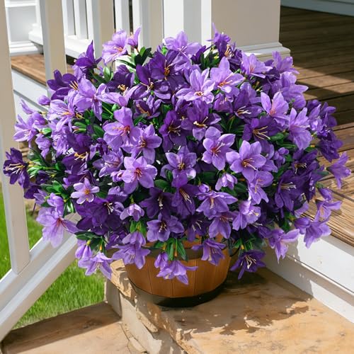 INSPRING Artificial Flowers for Outdoors Spring Decoration, 3 Bundles Faux Silk Outside Azalea Plants UV Resistant Realistic Faux Flowers for Outdoor Planters Porch Patio Garden Yard Home Decor, Mix - color: Dark Purple + Purple