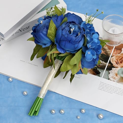 Royal Blue Bridesmaid Bouquets for Wedding, Set of 2 Artificial Silk Peonies Flowers Bouquet for Marriage Decorations - color: Royal Blue, size: Set of 2 Bouquets