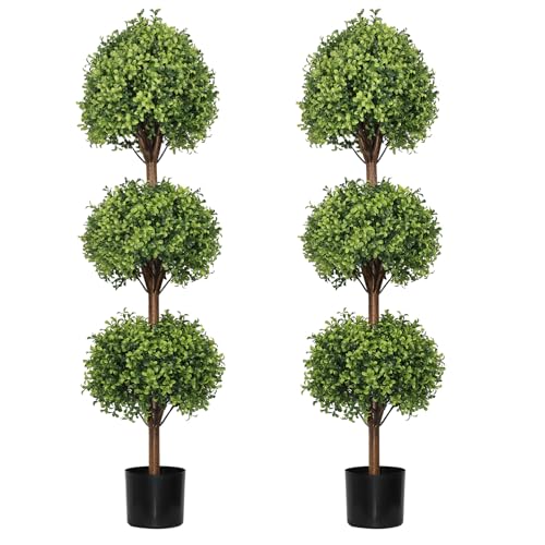 THE BLOOM TIMES 55" Tall Artificial Boxwood Triple Ball Topiary Trees, UV Resistant Large Fake Potted Plants for Outdoor Planter, Realistic Faux Bushes Shrubs for Front Porch Outside Decor Set of 2 - color: Boxwood-gjl, size: 55 inch