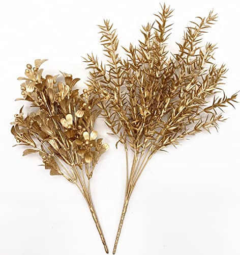 Gold Decorations Artificial Plants, CATTREE Golden Berry Leaves Fake Simulation Spiky Leaf Grass Plastic Faux Shrubs Bushes Ornaments Home Indoor Outdoor Wedding Decor Hall Table Planter Filler 4 Pack - color: Gold Berry Leaves-2 Pcs & Spiky Grass-2 Pcs