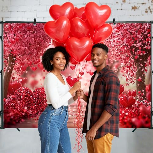 Valentine's Day Backdrop, Pink Red Hearts Petals Pathway Romantic Photography Background for Girls Women Birthday Weeding Bridal Shower Party Decorations Banner Photo Studio Props 5X3FT - color: Pink and Red, size: 5X3FT