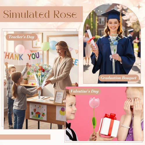 Suncalla 6 Bundle Mother's Day Crochet Flower Bouquet Handmade Crochet Rose Artificial Babys Breath Puff Flowers Bouquet Gift for Woman, Graduation Supplies(Multicolor,Tulip) - color: Multi Color, style: Tulip