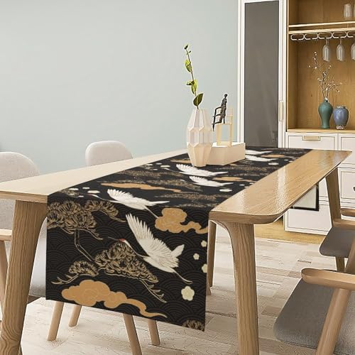 Crane Table Runner, Vintage Luxury Black Golden Asian Japanese Abstract Bird Cloud Tree Table Runner for Kitchen Outdoor Dining Banquet Party 13x36in - color: Crane-1, size: 13x36in