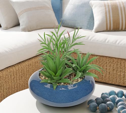 Hollyone Large Artificial Succulents Plants with Blue Vase Faux Succulents Fake Succulent Potted Plant in Ceramic Pot for Home Decor Office Desk Bathroom Living Room Indoor & Outdoor Decorations - color: 1pack - Blue Ceramic
