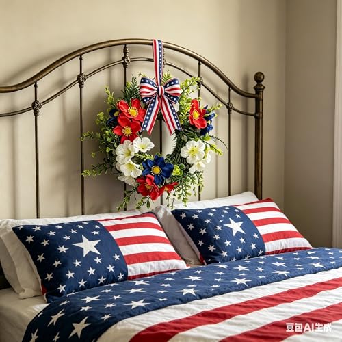 6 Pcs Small 4th of July Hanging Wreaths for Cabinets with Red Blue White Daisy Blooms Artificial Mini Independence Day Candle Holder Wreath with Eucalyptus for Patriotic Memorial Day Porch Front Door - color: Patriotic-7