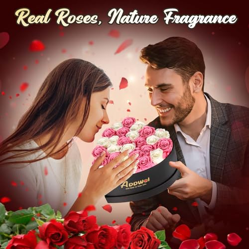 ADDWel Preserved Roses Bouquet for Her Anniversary, Birthday Flower Gifts for Women, 27-Pieces Eternal Roses with Natural Fragrance in Heart-Shape Box for Wife Girlfriend Mom - color: Pink & White - 27 Roses
