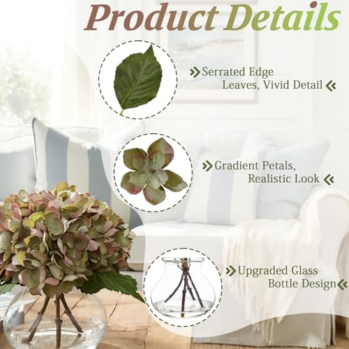 Green Artificial Hydrangea Flowers with Glass Vase, Faux Floral Arrangements with Fake Water, Lifelike Hydrangeas Table Centerpieces for Dining Room, Coffee Table, Bathroom Decor - color: D-green