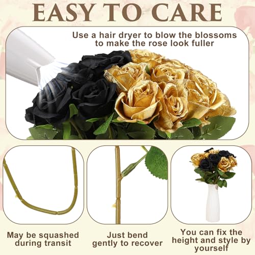 36 Pcs Silk Black Gold Rose Bouquet Bridal Artificial Flowers,Fake Rose Long Stem Realistic Flowers Bulk for Wedding Bouquet Ball Arrangement Centerpiece Party Decor - color: Black, Gold