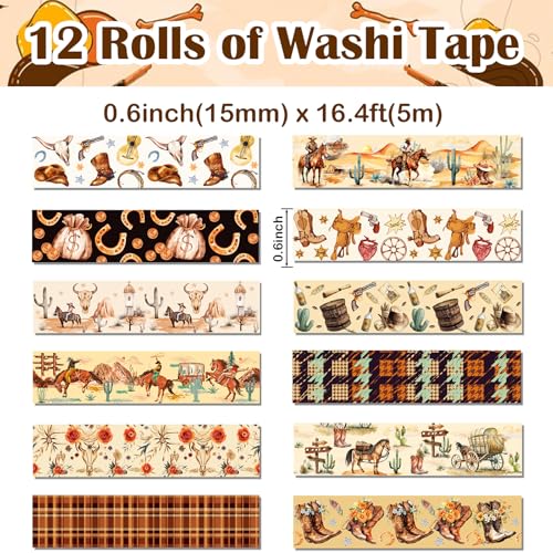 12 Rolls Western Washi Tapes, Wild West Cowboy Masking Tapes, Cowboy and Cowgirl Decorative Adhesive Stickers for Handbook Sticker Scrapbook Journaling Party Supplies DIY Craft Gift Wrapping 16.4FT - color: F