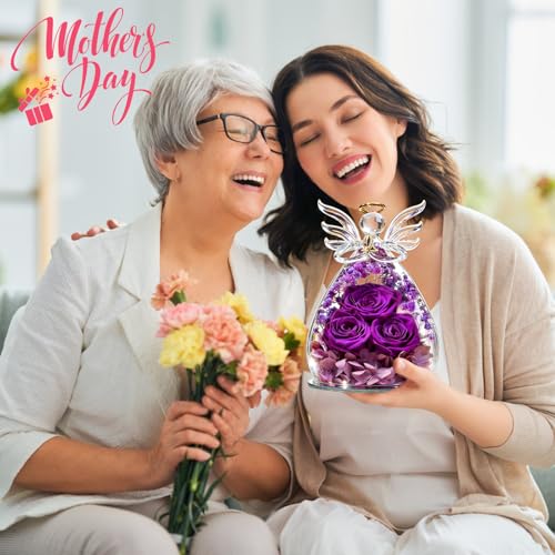 Beferr Gifts for Mom Birthday Gifts for Women, Fresh Flowers for Delivery Forever Preserved Rose in Glass Angel Figurine, Anniversary Christian Real Rose for Grandma Wife Mother from Daughter Son - color: A Purple-p