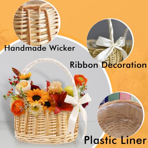 2 Pack Wicker Rattan Flower Girl Mini Basket, Handmade Wedding Flower Basket with Handle Silk Ribbon, Wicker Basket for Wedding Picnic Home Decor - size: Round Basket