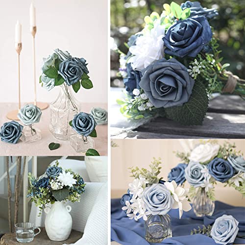Higfra Artificial Flowers 25pcs Real Looking Dusty Blue Shades Foam Fake Roses with Stems for DIY Wedding Bouquets White Bridal Shower Centerpieces Arrangements Mothers Day Party Tables Decorations - color: Dusty Blue Shades, size: 25Pcs