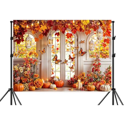 5X3ft Fall Butterfly Floral Backdrop for Photography Autumn Pumpkin Maple Butterfly Flowers Theme Girls Party Decorations Background Birthday Party Cake Table Decor Photo Booth Props - color: Multi5, size: 5x3ft
