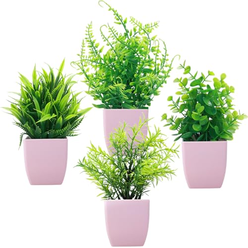 GREENTIME 4 Pack Fake Plants in Pink Pot Mini Artificial Eucalyptus Potted Plant Small Faux Grass Greenery Potted for Indoor Home Office Farmhouse Bathroom Table Decoration - color: Pink-4