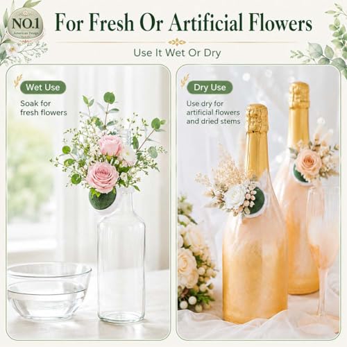 Floral Foam Holder for Fresh Flowers, Mini Half Ball Flower Foam with Base, Florist Foam for Wine Bottle Vase Decor, Dry Artificial Flower Supplies (12Pcs+1Wire+Ribbon)