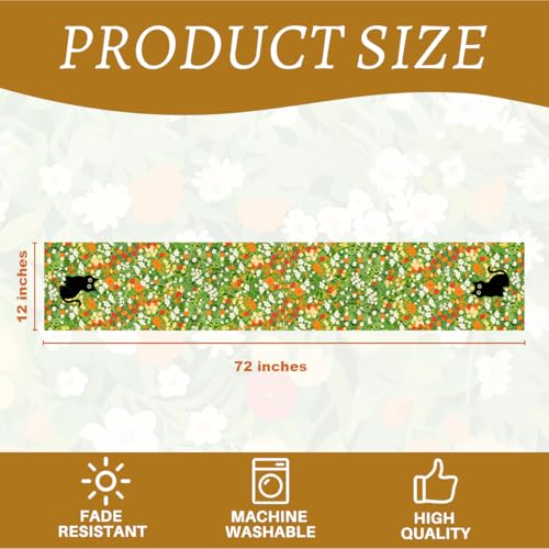 Black Cat Spring Table Runners Floral Spring Table Runner for Home Green Cat Decorations for Home Office Kitchen Farmhouse Apartment Living Room 13 x 72 Inch - color: Black Cat 03