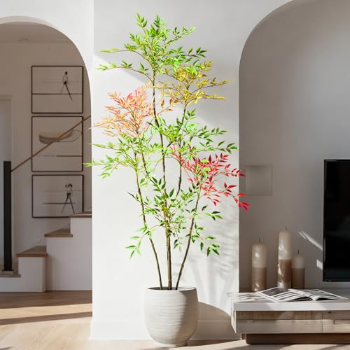 Large Artificial Bamboo Tree Tall Fake Plastic Plants Flowers Indoor Outdoor Realistic Floor Plant Faux Nandina Trees for House Home Living Room Bedroom Office Front Porch Modern Farmhouse Decor - color: Multicolor, size: 6ft