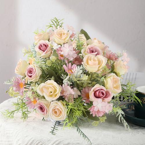 Artificial Flowers Fake Rose Bouquet 3 Pack Artificial Flowers Bouquet Plastic Flower Arrangements Wedding Decoration Table Centerpieces(Purple) - color: Purple