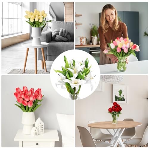 PATIKIL Artificial Flowers - 3PCS White Lily Silk Faux Flowers in Vase for Home Decor Centerpiece, Table Decorations, Dining Room - color: White
