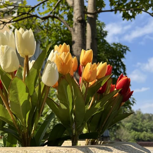 Artificial Fake Flowers for Spring Summer Outdoor Decoration,6 Bundles Shyshining Realistic UV Resistant Silk Fabric Colorful Tulip Faux Plants for outside Planter Home Porch Patio Decor(White Orange) - color: White Yellow Orange