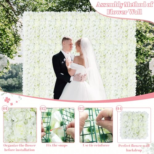 FOTSHARER Flower Wall Backdrop White Artificial Flower Wall Panel 15" x 15" Flower Panels for Backdrop 3D Floral Rose Wall Flower Photo Background Wedding Floral Back drop Wall for Wedding Party Event - color: White