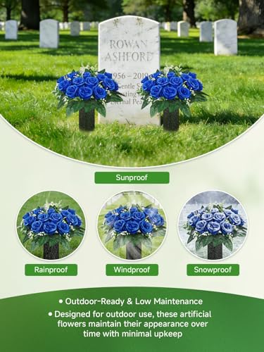 2-Pack Grave Flowers with Vases, 18-Stem Blue Faux Roses for Cemetery, Lifelike Memorial Floral Arrangement with Stay-in-Ground Spikes, Color-Fast Decor for Graveside - color: Blue