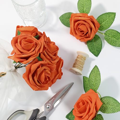 Artificial Flowers 25 Pack Orange Faux Foam Roses with Stems, Real Looking Fake Rose for DIY Wedding Bouquets, Bridal Shower Centerpieces, Party Table Decorations, Home Decor - color: Orange, size: 25Pcs