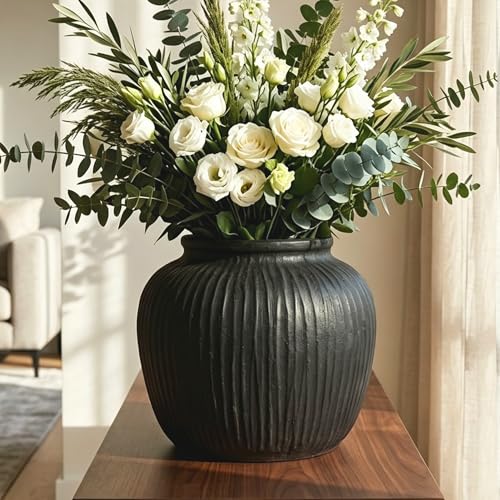 Oakrain Large Rustic Vase with Vertical Ribbed Texture, 11" Vintage Black Round Vase, Decorative Planter for Indoor, Table Centerpieces, Distressed Decor - color: Matte Black, size: 11" Dia