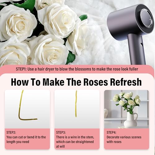 20PCS Artificial Roses with Long Stems - Realistic Silk Flowers, Fake Roses Real Touch Bouquet of Roses for Home Decor, Bridal Wedding Party Table Centerpieces, Bulk Faux Rose Flowers (White) - color: White, size: 20 PCS