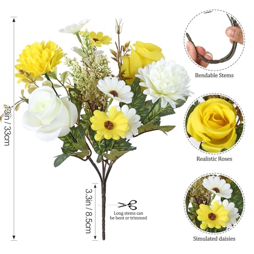 Dremisland Fake Flower Bouquets,2 Packs Silk Rose Daisy Bouquet Artificial Flower Arrangement Realistic Rose Bouquets for Centerpiece Table Wedding Party Bride Home Decor (White Yellow, 2 PCS) - color: White Yellow, size: 2PCS