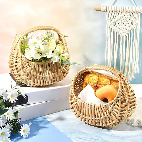 Taiyin 6 Pack Rattan Flower Girl Basket Half Moon Straw Wicker Basket with Handle 6.7" x 6.5" x 4.3" Ideal for Wedding Flower Girl, Picnic, Garden Storage and Home Decor (Nature) - color: Nature