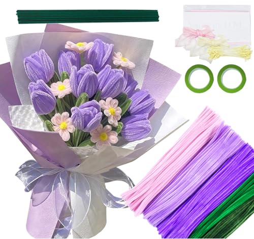 400 Pcs Pipe Cleaner Flower Kit, 5 Colors Chenille Stems, Purple Pipe Cleaners with Instruction, for DIY Flower Bouquets, Home Decor, Wedding and Party Decorations, and Gifts - color: Purple, size: 400pcs
