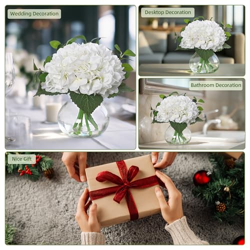 Hydrangea Artificial Flowers in Vase, Set of 7 Silk Faux Hydrangea Fake Flower Arrangements with Glass Vase and Faux Water for Home Decor Wedding Bouquets Table Centerpieces, White - color: Hydrangea Stems With Faux Water, size: White