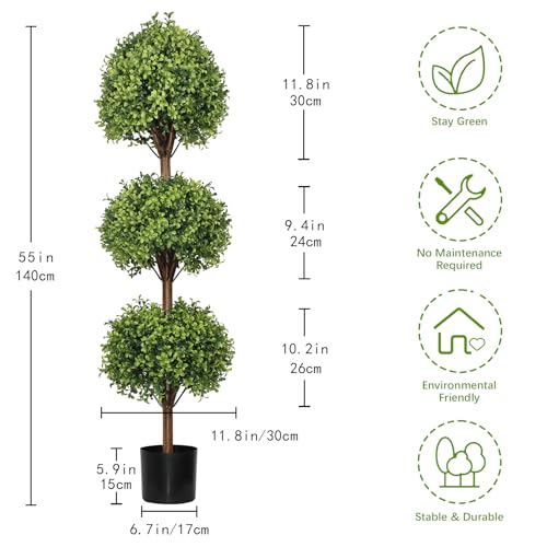 THE BLOOM TIMES 55" Tall Artificial Boxwood Triple Ball Topiary Trees, UV Resistant Large Fake Potted Plants for Outdoor Planter, Realistic Faux Bushes Shrubs for Front Porch Outside Decor Set of 2 - color: Boxwood-gjl, size: 55 inch