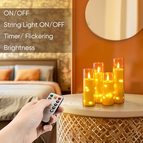 Homemory Flameless LED Candle with Embedded Star String Lights, Fake Candles with Remote Control & Timer, Battery Operated Candles, Amber, Set of 5 - color: Gold-5pcs, size: 5pcs, D2.2"x H5"5"6"7"8"