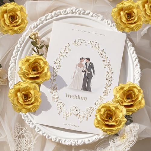 Rose Artificial Flowers, 50Pcs Gold Roses Head Flowers Bulk with Stem, 3 Inches Silk Rose Fake Flower Head for Wedding Party Home Decor DIY Baby Shower Centerpieces Tables Decoration(Gold) - color: Gold