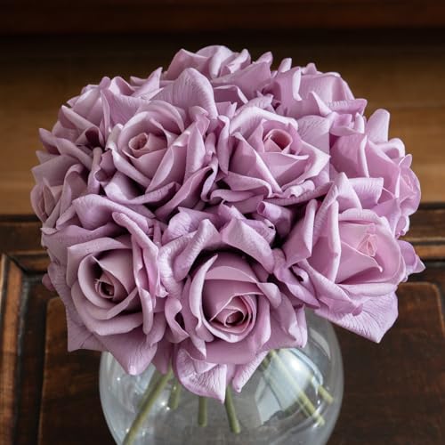 Artificial Roses-10-pcs Soft Touch Fake Flowers with Stems, Realistic Bridal Bouquet & Bulk Home Party Wedding Decor Roses - color: Light Purple 10pcs