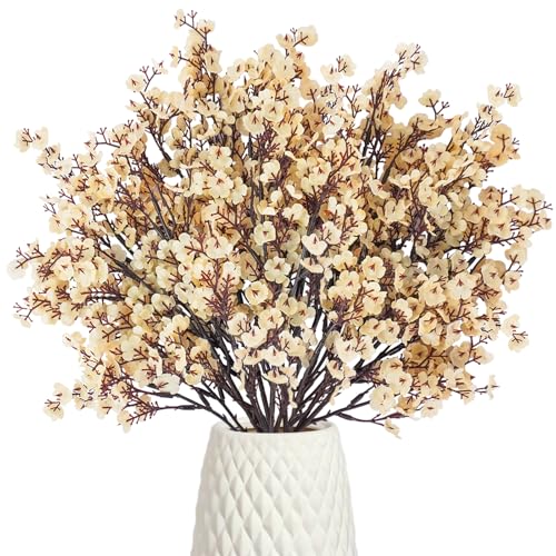 Uieke 6 Pcs Artificial Flowers Baby Breath Faux Champagne Artificial Gypsophila Bouquet Fake Silk Flowers Real Touch for Home Office Kitchen Wedding Wall DIY Room Farmhouse Décor - color: Champagne, size: 6PCS